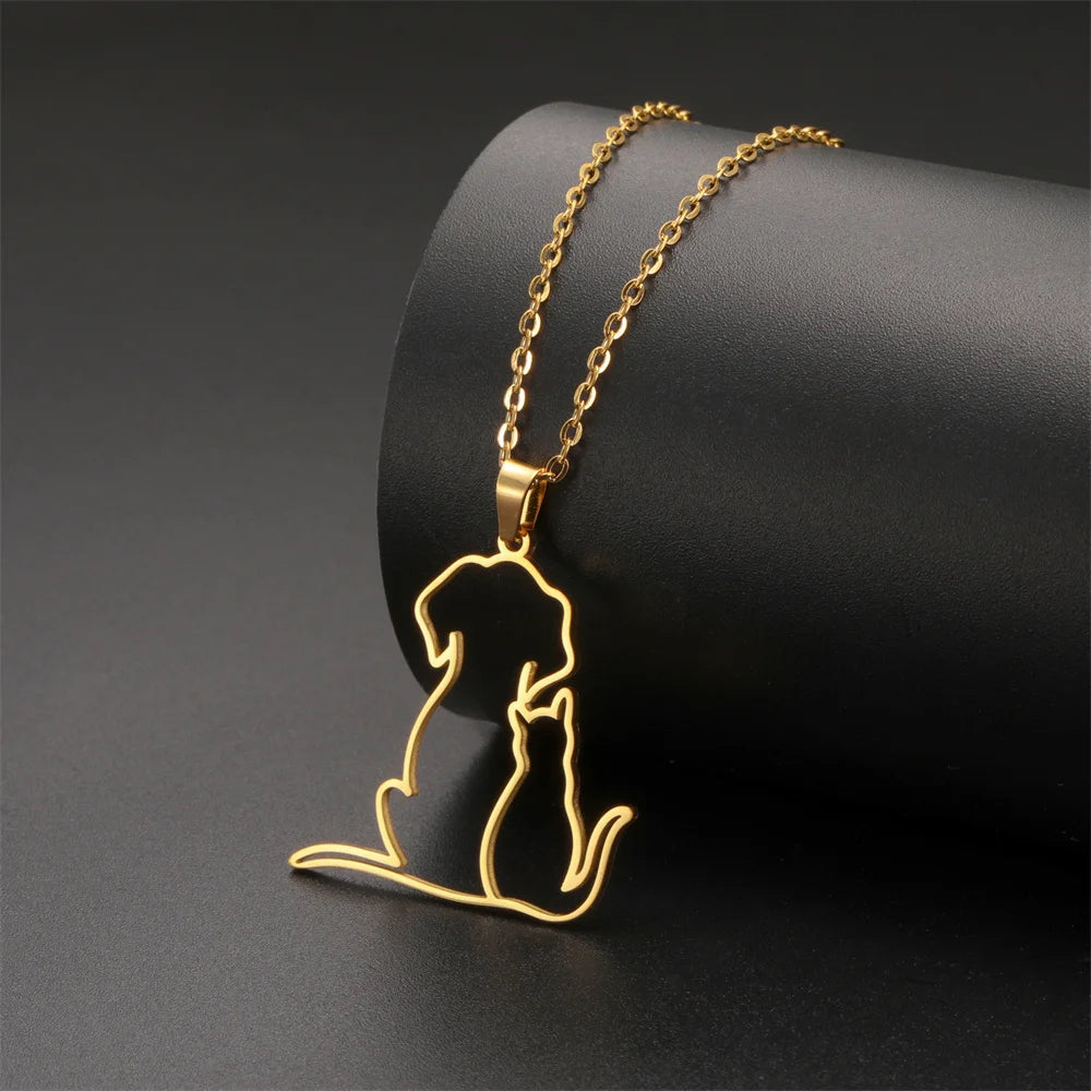 My Shape Hugging Puppy Kitten Necklace for Women Girls Stainless Steel Pendant Chain Animal Cat Dog Jewelry Pets Lovers Gifts